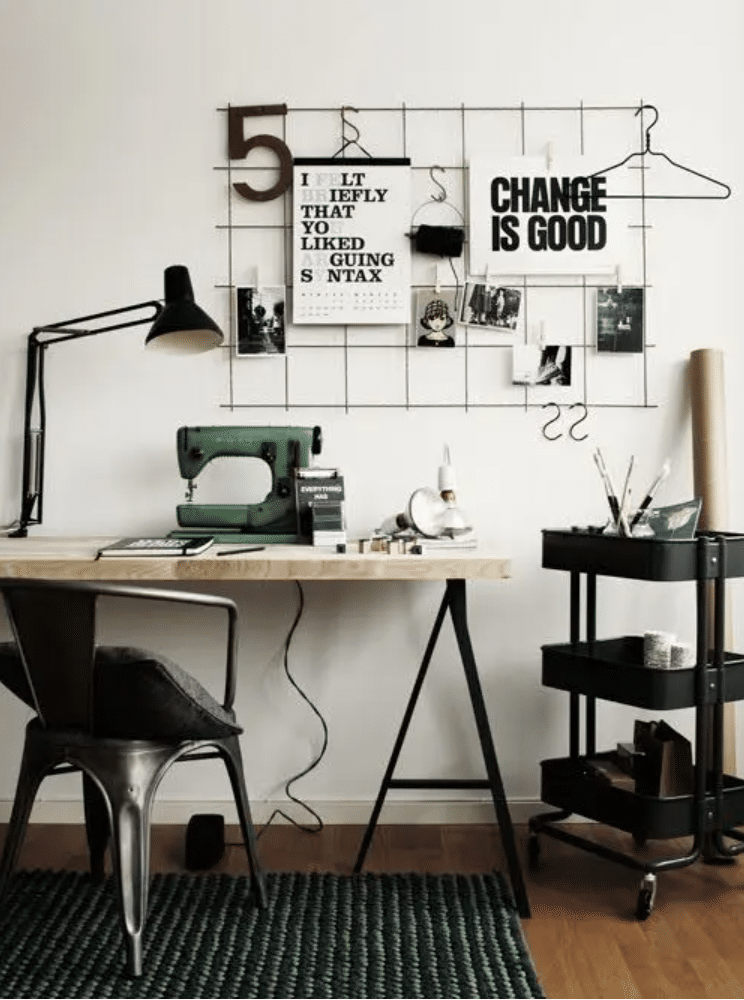 Home office with wire grid wall storage