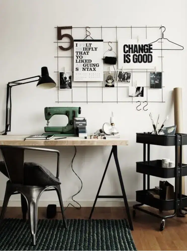 Home office with wire grid wall storage