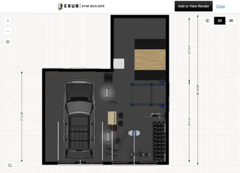 Garage gym layout using Rogue Fitness Zeus tool