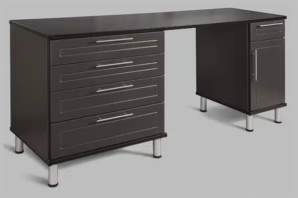 Black, steel workbench desk